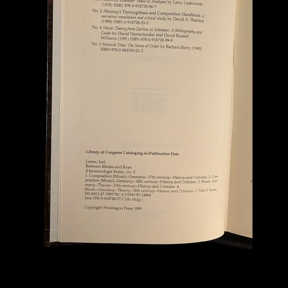 Between Modes and Keys German Theory 1592-1802 Joel Lester Pendragon Press Book